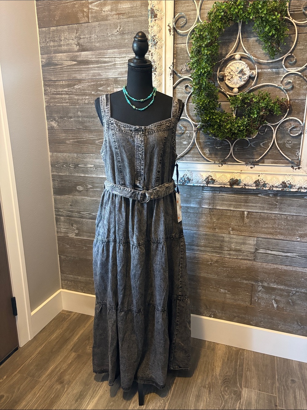 NWT Given Kale (L) Women's Washed Black Tiered Maxi Dress with Belt